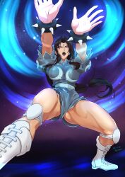 Rule 34 | 1girl, 92penpen, boots, bracelet, brown hair, capcom, chun-li, highres, jewelry, knee pads, long hair, mind control, purple eyes, shirt, shorts, spiked bracelet, spikes, street fighter, thick thighs, thighs