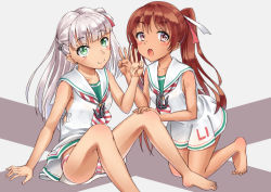 Rule 34 | 2girls, anchor hair ornament, anchor necklace, barefoot, blunt bangs, brown eyes, brown hair, clothes writing, commentary request, dark-skinned female, dark skin, dress, full body, green eyes, grey background, hair ornament, jewelry, kantai collection, libeccio (kancolle), long hair, looking at viewer, maestrale (kancolle), mayura (lucadia), multiple girls, necklace, one side up, panties, pantyshot, ribbon, sailor dress, silver hair, sitting, sleeveless, sleeveless dress, smile, striped clothes, striped neckwear, striped panties, twintails, two-tone background, underwear, v, white dress, white ribbon