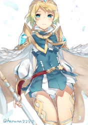 Rule 34 | 1girl, blonde hair, blue eyes, closed mouth, dress, earrings, feathers, fire emblem, fire emblem heroes, fjorm (fire emblem), haru (nakajou-28), highres, holding, jewelry, long sleeves, nintendo, polearm, short dress, short hair, simple background, solo, twitter username, weapon, white background