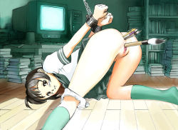 Rule 34 | 1girl, anal, anal object insertion, anus, ass, bdsm, bent over, bondage, bound, brown eyes, brown hair, brush, chain, clothes lift, computer, cuffs, green socks, hanainu (orange bullet), hetero, indoors, keyboard (computer), looking at viewer, looking back, multiple insertions, object insertion, on floor, panties, panties around leg, pen, pussy, restrained, school uniform, serafuku, shackles, shirt lift, short hair, skirt, skirt around belly, socks, solo, top-down bottom-up, uncensored, underwear, vaginal, vaginal object insertion, wooden floor