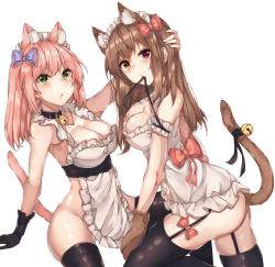 Rule 34 | 2girls, absurdres, animal ear fluff, animal ears, animal hands, apron, ass, bare arms, bell, black gloves, black legwear, blue ribbon, blush, breasts, brown hair, cat ears, cat girl, cat paws, cat tail, cleavage, collar, commentary, detached sleeves, english commentary, feet out of frame, gloves, green eyes, hair ribbon, hand in own hair, hand on head, headdress, heterochromia, highres, kanniiepan, large breasts, long hair, looking at viewer, maid, maid headdress, medium hair, multiple girls, naked apron, neck bell, no bra, no panties, original, pink hair, red eyes, red ribbon, ribbon, tail, tail bell, tail ornament, thighhighs, yellow eyes, yuri