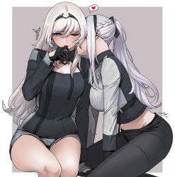 Rule 34 | 2girls, ak-12 (girls&#039; frontline), an-94 (girls&#039; frontline), arm support, bare legs, black gloves, black pants, blush, bow, braid, breasts, cleavage, cleavage cutout, clothing cutout, cowboy shot, finger to mouth, from side, girls&#039; frontline, gloves, green eyes, hair bow, hairband, heart, kiss, kneeling, large breasts, long hair, long sleeves, looking at another, md5 mismatch, medium breasts, midriff, multiple girls, navel, one eye closed, outside border, pants, ponytail, resolution mismatch, shorts, side braid, sidelocks, signature, sitting, source larger, sungwon, sweat, white hair, zipper