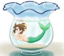 Rule 34 | 00s, 1girl, :o, against glass, aquarium, blush, bow, brown eyes, brown hair, chunpai, completely nude, fishbowl, flat chest, floating hair, hair bow, hirasawa ui, in container, k-on!, mermaid, mini person, minigirl, monster girl, nude, ponytail, scales, short hair, solo, underwater
