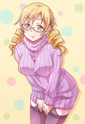 Rule 34 | 10s, 1girl, alternate costume, bespectacled, blonde hair, breasts, dress, drill hair, e20, glasses, hair ornament, large breasts, long hair, looking at viewer, mahou shoujo madoka magica, mahou shoujo madoka magica (anime), purple thighhighs, ribbed sweater, smile, solo, sweater, sweater dress, thighhighs, tomoe mami, twin drills, twintails, yellow eyes