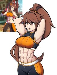 Rule 34 | 1girl, abs, absurdres, armpits, arms behind head, breasts, brown eyes, brown hair, dnf duel, dungeon and fighter, fighter (dungeon and fighter), high ponytail, highres, kermittend, large breasts, long hair, muscular, muscular female, reference inset, solo, striker (dungeon and fighter), very long hair