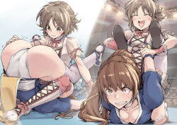 Rule 34 | 2girls, age difference, arm guards, ass, blush stickers, boots, breasts, brown eyes, brown hair, choker, dead or alive, defeat, enomoto aya, folded, hair ribbon, humiliation, jelly shrimp, joint lock, kasumi (doa), large breasts, leotard, long hair, multiple girls, pain, panties, pelvic curtain, ponytail, ribbon, short hair, smile, submission hold, thighhighs, underwear, white thighhighs, wrestle angels, wrestle angels survivor, wrestler, wrestling, wrestling outfit, wrestling ring, yellow eyes