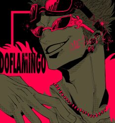 Rule 34 | 1boy, character name, commentary request, donquixote doflamingo, goggles, goggles on head, highres, larugo0513, male focus, one piece, short hair, smile, solo, sunglasses, teeth