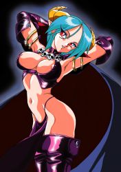 Rule 34 | 00s, 1girl, arched back, armpits, arms behind head, arms up, boots, breasts, cape, carrera, cleavage, cleavage cutout, clothing cutout, collar, demon, demon girl, elbow gloves, gloves, green hair, halterneck, halterneck, highleg, highres, horns, jewelry, medium breasts, navel, nipple slip, nipples, parted lips, pelvic curtain, red eyes, skull, solo, demon girl, thighhighs, viper, viper gts, viper v6