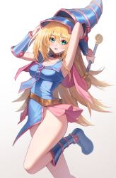 Rule 34 | 1girl, :d, absurdres, aqua eyes, armpits, arms up, blonde hair, blue footwear, blue hat, boots, breasts, cape, capelet, cleavage, collar, commentary, dark magician girl, dress, duel monster, grey background, hat, highres, holding, holding wand, knee boots, leg up, long hair, medium breasts, no panties, open mouth, pelvic curtain, pink capelet, short dress, simple background, sleeveless, sleeveless dress, smile, solo, thighs, ugwa, vambraces, wand, wizard hat, yu-gi-oh!