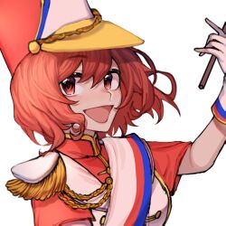 Rule 34 | 1girl, :d, band uniform, breasts, chinese commentary, commentary request, drumsticks, gloves, hat, holding, holding drumsticks, horikawa raiko, horikawa raiko (prism march snare), medium breasts, multicolored clothes, multicolored hat, open mouth, red eyes, red hair, red shirt, sash, shako cap, shirt, short hair, simple background, smile, solo, touhou, touhou lostword, vest, white background, white gloves, white sash, white vest, xianyujunzhimiyingla