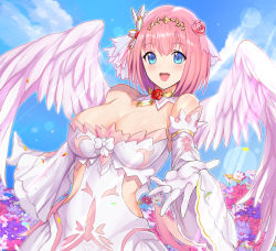 Rule 34 | 1girl, angel wings, bare shoulders, blue eyes, bob cut, breasts, choker, cleavage, collarbone, detached sleeves, feathered wings, hair ornament, highres, hip vent, koucha maru, large breasts, open mouth, outstretched arm, pink hair, princess connect!, reaching, reaching towards viewer, short hair, smile, solo, wide sleeves, wings, yui (princess) (princess connect!), yui (princess connect!)