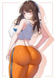 Rule 34 | 1girl, absurdres, ass, bare arms, bare shoulders, blush, brown eyes, brown hair, character request, commentary, cowboy shot, crop top, facial mark, final fantasy, final fantasy xiv, grin, hand on own hip, heart, highres, himeliofon, leggings, long hair, looking at viewer, midriff, orange pants, pants, smile, solo, standing, tank top, thick thighs, thighs, white tank top