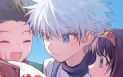 Rule 34 | 3boys, alluka zoldyck, black hair, blue eyes, blush, cake, closed eyes, closed mouth, commentary, english commentary, food, gon freecss, hair between eyes, hairband, highres, hunter x hunter, kiko, killua zoldyck, male focus, multiple boys, open mouth, spiked hair, trap, upper body, white hair