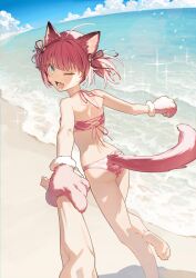 Rule 34 | 1boy, 1girl, absurdres, akami karubi, animal ear fluff, animal ears, animal hands, ass, barefoot, beach, bikini, black ribbon, blue eyes, fang, feet, foot out of frame, gloves, hair ribbon, highres, holding another&#039;s wrist, indie virtual youtuber, legs, lower teeth only, medium hair, one eye closed, outdoors, paw gloves, pink bikini, pink gloves, pink tail, pov, ribbon, skin fang, soles, sparkle, swimsuit, tail, teeth, toes, unti no azi, virtual youtuber, water