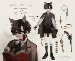 Rule 34 | 1boy, animal ears, armband, black hair, blood, blood on face, book, broken glass, buckle, cat boy, cat ears, cat tail, character name, character profile, character sheet, coat, coat on shoulders, collared shirt, color guide, cross, cup, ear piercing, earrings, glass, gloves, green eyes, grey hair, gun, handgun, heterochromia, jewelry, latin text, long sleeves, male focus, monocle, multicolored hair, ookami ciro, original, otozuki teru, piercing, pocket watch, puffy sleeves, revolver, ring, sepia background, shirt, shoes, short hair, sidelocks, simple background, socks, tail, tea, vest, watch, weapon, yellow eyes