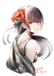 Rule 34 | 1girl, 2022, :d, dated, floating hair, flower, from side, grey hair, hair between eyes, hair flower, hair ornament, long hair, looking at viewer, looking back, open mouth, original, ponytail, red eyes, red flower, simple background, smile, solo, sushi (sashimise), twitter username, very long hair, white background