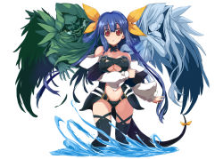 Rule 34 | 1boy, 2girls, asymmetrical wings, bare shoulders, black legwear, blue hair, breasts, choker, detached sleeves, dizzy (guilty gear), guilty gear, guilty gear x, guilty gear xx, hair ribbon, highres, inagata, large breasts, long hair, monster girl, multiple girls, navel, necro (guilty gear), partially submerged, red eyes, ribbon, simple background, tail, tail ornament, tail ribbon, thighhighs, twintails, underboob, undine (guilty gear), water, white background, wings, yellow ribbon