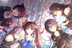 Rule 34 | 5girls, animal ears, blue eyes, bow, brown hair, bug, butterfly, byakuya reki, cat ears, detached sleeves, closed eyes, gloves, hair bow, holding hands, heart, insect, long hair, looking at viewer, lying, multiple girls, on back, one eye closed, open mouth, original, petals, pixiv fantasia, pixiv fantasia t, short hair, smile, tian ye (qys3), twintails