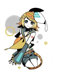 Rule 34 | 1girl, aqua eyes, belt, blonde hair, bright pupils, circle, closed mouth, commentary request, cowboy shot, cropped legs, detached sleeves, grey sailor collar, grey shorts, grey sleeves, hair ornament, hairclip, halftone, kagamine rin, legs together, long sleeves, looking at viewer, machigami yoh, nail polish, neckerchief, sailor collar, shirt, short shorts, shorts, sleeveless, sleeveless shirt, sleeves past wrists, smile, solo, treble clef, vocaloid, white background, white pupils, yellow belt, yellow nails, yellow neckerchief