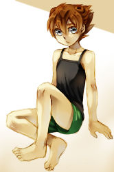 Rule 34 | 1boy, bad id, bad pixiv id, barefoot, brown hair, camisole, cr72, inazuma eleven, inazuma eleven (series), inazuma eleven go, looking at viewer, male focus, matsukaze tenma, shorts, sitting, solo