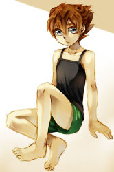 1boy bad_id bad_pixiv_id barefoot brown_hair camisole cr72 inazuma_eleven inazuma_eleven_(series) inazuma_eleven_go looking_at_viewer male_focus matsukaze_tenma shorts sitting solo