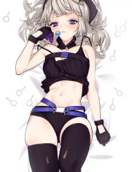 Rule 34 | 1girl, aa-12 (girls&#039; frontline), bed sheet, black camisole, black gloves, black shorts, black thighhighs, blue eyes, buckle, camisole, candy, food, girls&#039; frontline, gloves, holding, holding candy, holding food, holding lollipop, lollipop, looking at viewer, lying, midriff, navel, on back, short hair, short shorts, shorts, silver hair, skindentation, snap-fit buckle, solo, thighhighs, uhhgaoh