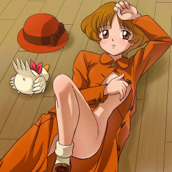 Rule 34 | 1boy, 1girl, agatha christie no meitantei poirot to marple, bird, bobby socks, character request, cloaca, coat, convenient censoring, covering breasts, covering privates, dress, female focus, haruyama kazunori, hat, indoors, looking at viewer, lowres, lying, mable west, no bra, no panties, oliver west, on floor, parted lips, red hat, shoes, short hair, socks, solo, unbuttoned, unworn hat, unworn headwear, wooden floor