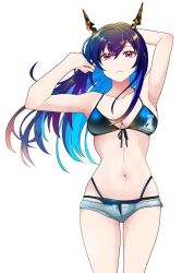 Rule 34 | 1girl, arknights, armpits, arms up, bare arms, bare shoulders, basashisenjumin, bikini, blue bikini, blue hair, ch&#039;en (arknights), ch&#039;en the holungday (arknights), ch&#039;en the holungday (elite ii) (arknights), commentary request, cowboy shot, dragon horns, flower, grey shorts, hair between eyes, hair flower, hair ornament, hands in hair, highres, horns, long hair, looking at viewer, micro shorts, navel, open fly, red eyes, red flower, shorts, simple background, solo, standing, stomach, swimsuit, thighs, very long hair, white background