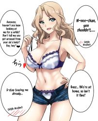 Rule 34 | 10s, 1girl, adjusting bra, adjusting clothes, blonde hair, blue eyes, bow, bow bra, bow panties, bra, breasts, casual, cleavage, cowboy shot, denim, denim shorts, girls und panzer, hand on own hip, hifumi hajime, highres, kay (girls und panzer), lace, lace-trimmed bra, lace-trimmed panties, lace trim, large breasts, long hair, looking at viewer, navel, no shirt, panties, parted lips, short shorts, shorts, simple background, smile, solo, spoken blush, standing, strap pull, strap slip, translated, underwear, unzipped, white background