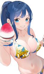 1girl 85u absurdres bikini blue_bikini blue_eyes blue_hair breasts cleavage commentary cowboy_shot food grin groin highres large_breasts looking_at_viewer make_heroine_ga_oo_sugiru! medium_breasts navel ponytail shaved_ice sidelocks smile solo swimsuit upper_body white_background yanami_anna