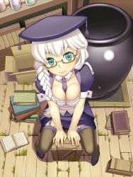 Rule 34 | 00s, 1girl, ar tonelico, ar tonelico ii, between breasts, book, box, braid, breasts, cauldron, cleavage, female focus, from above, garter straps, glasses, green eyes, gust, hat, large breasts, mole, mole under eye, necktie, sitting, smile, solo, spica neal, terumii, thighhighs, white hair