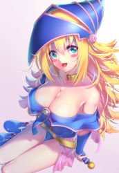 Rule 34 | 1girl, absurdres, bare shoulders, blonde hair, blue dress, blue footwear, blush stickers, boots, breasts, cleavage, collar, collarbone, commentary request, dark magician girl, dress, duel monster, green eyes, hat, highres, kamehito, large breasts, long hair, looking at viewer, open mouth, pentacle, shiny skin, short dress, short hair, simple background, sitting, smile, thighs, wizard hat, yu-gi-oh!, yu-gi-oh! duel monsters