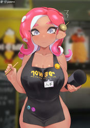 Rule 34 | 1girl, agent 8 (splatoon), apron, black apron, blurry, blurry background, breasts, closed mouth, clothes writing, collarbone, commentary, cowboy shot, cup, dark-skinned female, dark skin, dot nose, english text, foreshortening, hair ornament, highres, holding, holding cup, iced latte with breast milk (meme), jtveemo, lactation, lactation through clothes, large breasts, light frown, looking at viewer, medium hair, meme, naked apron, name tag, nintendo, octoling, pink hair, solo, splatoon (series), splatoon 2, splatoon 2: octo expansion, sweatdrop, tentacle hair, thick eyebrows, thighs, twitter username, wide hips