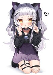 Rule 34 | 1girl, animal ear fluff, animal ears, bad id, bad pixiv id, black footwear, black shirt, blush, boots, cat ears, collar, fishnet thighhighs, fishnets, frilled skirt, frills, full body, grey collar, grey hair, hair ornament, hand up, heart, heart hair ornament, highres, hololive, kneeling, long hair, long sleeves, looking at viewer, murasaki shion, nail polish, noi mine, parted lips, purple nails, purple skirt, shirt, simple background, single thighhigh, skirt, solo, thigh strap, thighhighs, two side up, v, very long hair, virtual youtuber, white background, x hair ornament, yellow eyes