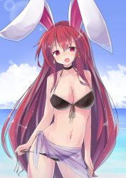 Rule 34 | 1girl, :d, animal ears, bare arms, bare shoulders, bikini, bikini pull, black bikini, black choker, blue sky, blush, breasts, choker, cleavage, clothes pull, cloud, collarbone, commentary, commentary request, day, earrings, front-tie bikini top, front-tie top, hair between eyes, head tilt, highres, horizon, jewelry, large breasts, long hair, navel, ocean, open mouth, original, outdoors, partial commentary, pulled by self, rabbit ears, rabbit girl, red eyes, red hair, ryogo, sarong, see-through, side-tie bikini bottom, sky, smile, solo, swimsuit, untied bikini, usami tsuitachi, very long hair, water
