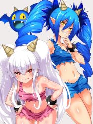Rule 34 | 2girls, :p, animal print, bare shoulders, blue hair, bombergirl, bracelet, breasts, drill hair, edobox, grey background, grim aloe, hair between eyes, hand up, hands on own hips, horns, jewelry, lewisia aquablue, long hair, looking at viewer, midriff, multiple girls, navel, pointy ears, red eyes, simple background, small breasts, smile, spiked bracelet, spikes, tiger print, tongue, tongue out, twin drills, twintails, white hair, yellow eyes
