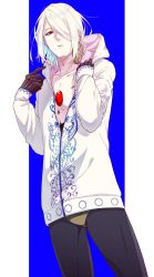Rule 34 | 1boy, alternate costume, alternate hairstyle, bishounen, bodysuit, casual, chest jewel, cowboy shot, earrings, fate/grand order, fate (series), fuka (hk nemo), hair between eyes, hair over one eye, highres, hood, hoodie, jewelry, karna (fate), looking at viewer, male focus, multicolored hair, open clothes, open hoodie, open mouth, pale skin, pectorals, pointing, pointing at self, red eyes, simple background, smile, solo, two-tone hair, upper body, white hair
