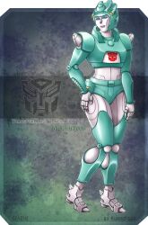 Rule 34 | 1girl, autobot, blue eyes, breasts, colored skin, commentary request, green panties, hand on own thigh, highres, humanoid robot, kuriko-san, medium breasts, moonracer, panties, robot, russian commentary, solo, thick thighs, thighs, transformers, underwear, white skin
