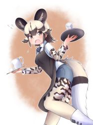 Rule 34 | 1girl, absurdres, adapted costume, african wild dog (kemono friends), african wild dog print, animal ears, apron, blonde hair, blush, boots, bow, bowtie, brown eyes, brown hair, collared shirt, commentary request, cup, cutoff jeans, cutoffs, dog ears, dog tail, extra ears, flying sweatdrops, glass, highres, kemono friends, long sleeves, multicolored hair, ninayukisan, open mouth, pantyhose, print pantyhose, print sleeves, shirt, short hair, short shorts, short sleeves, shorts, solo, tail, teacup, teapot, tray