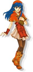 Rule 34 | 1girl, :d, blue eyes, blue hair, book, dress, fire emblem, fire emblem: the binding blade, full body, holding, holding book, kaneda eiji, lilina (fire emblem), long hair, nintendo, official art, open mouth, outstretched arm, red dress, red footwear, red headwear, smile, solo