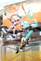 Rule 34 | 2girls, absurdres, aqua hair, bandana, bike shorts, black bandana, black footwear, black shorts, blue bandana, blue eyes, blue footwear, blunt bangs, bra strap, commentary request, cross-laced footwear, crying, day, e-liter 4k (splatoon), falling, fangs, grey jacket, highres, holding, holding weapon, inkling, inkling girl, inkling player character, jacket, long hair, looking at another, looking back, multiple girls, myon rio, nintendo, off-shoulder shirt, off shoulder, orange hair, outdoors, partial commentary, pink shirt, pointy ears, scared, scope, shirt, shoes, short sleeves, shorts, sneakers, splat charger (splatoon), splatoon (series), splatoon 2, striped clothes, striped shirt, tears, tentacle hair, weapon, yellow eyes