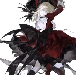 Rule 34 | 1girl, arm up, back bow, backless outfit, bare back, black bow, black thighhighs, blonde hair, bow, choker, dress, frilled choker, frills, hat, highres, large bow, looking at viewer, medium hair, original, pink eyes, raivarune, red dress, simple background, smile, solo, thighhighs, white background