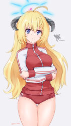 Rule 34 | 1girl, absurdres, ahoge, akari (blue archive), artist name, blonde hair, blue archive, blue eyes, braid, breasts, buruma, cowboy shot, crossed arms, gluteal fold, halo, highres, horns, jacket, large breasts, light blush, long hair, long sleeves, looking at viewer, rasen manga, red buruma, red track suit, simple background, smile, solo, track jacket, white background, zipper