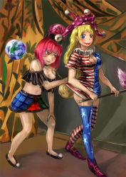 Rule 34 | 2girls, alternate legwear, american flag dress, american flag legwear, amibazh, ass, bare legs, bare shoulders, blonde hair, blue eyes, blush, breasts, cleavage, cleavage cutout, clothes lift, clothing cutout, clownpiece, crop top, dress, dress lift, hat, hecatia lapislazuli, heterochromia, jester cap, large breasts, long hair, medium breasts, microdress, midriff, miniskirt, multicolored clothes, multicolored skirt, multiple girls, navel, neck ruff, off-shoulder shirt, off shoulder, red eyes, red hair, shirt, skirt, thighhighs, touhou, very long hair, wavy hair