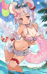 Rule 34 | 1girl, :p, abusoru, animal ears, ballpoint pen (medium), bow, breasts, brooch, fake animal ears, flower, granblue fantasy, hair flower, hair ornament, heart, heart brooch, highres, jewelry, looking at viewer, medium breasts, open mouth, red eyes, skirt, smile, solo, standing, star-shaped eyewear, star (symbol), swimsuit, tongue, tongue out, traditional media, vikala (granblue fantasy), white hair, white skirt