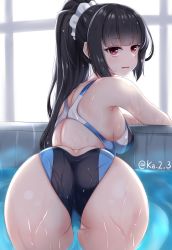 Rule 34 | 1girl, ass, backless swimsuit, black hair, commentary request, competition swimsuit, cowboy shot, from behind, highres, ibuki grunt, isokaze (kancolle), kantai collection, long hair, looking at viewer, looking back, multicolored clothes, multicolored swimsuit, one-piece swimsuit, ponytail, red eyes, rei no pool, sidelocks, soaking feet, solo, swimsuit, water