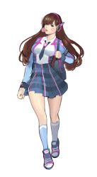 Rule 34 | 1girl, absurdres, adapted costume, bad id, bad twitter id, bag, belda34, blue socks, breasts, brown eyes, brown hair, blowing bubbles, character name, chewing gum, clenched hand, collared shirt, d.va (overwatch), dress shirt, facepaint, facial mark, full body, headphones, highres, jacket, kneehighs, long hair, looking at viewer, medium breasts, miniskirt, necktie, overwatch, overwatch 1, pleated skirt, school uniform, shirt, shoes, shoulder bag, simple background, skirt, socks, solo, standing, whisker markings, white background, white shirt, wing collar