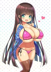 Rule 34 | 1girl, bikini, blush, breasts, brown hair, cleavage, covered erect nipples, green eyes, highres, huge breasts, looking at viewer, nipples, open mouth, oppai loli, shuz (dodidu), simple background, solo, swimsuit, tagme, tongue, wide hips