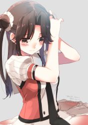 Rule 34 | 10s, 1girl, 2016, adjusting hair, alternate hairstyle, black necktie, blush, brown eyes, brown hair, closed mouth, commentary request, cosplay, dated, double bun, hair bun, hair ornament, hair scrunchie, half updo, jintsuu (kancolle), kantai collection, koruri, long hair, matching hair/eyes, naka (kancolle), naka (kancolle) (cosplay), necktie, out of frame, remodel (kantai collection), school uniform, scrunchie, short sleeves, solo, twitter username, upper body