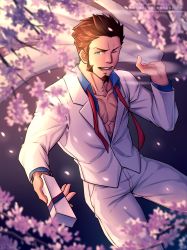 Rule 34 | 1boy, absurdres, alternate costume, blue eyes, brown hair, cherry blossoms, cigarette, cross scar, facial hair, fate/grand order, fate (series), feet out of frame, formal, goatee, highres, incoming gift, jacket, long sideburns, long sleeves, looking at viewer, male focus, mature male, napoleon bonaparte (fate), necktie, unworn necktie, one eye closed, open clothes, open shirt, pants, partially unbuttoned, pectoral cleavage, pectorals, petals, scar, scar on chest, short hair, sideburns, smile, solo, suit, toned, toned male, white day, white jacket, white pants, white suit, yaekaidou